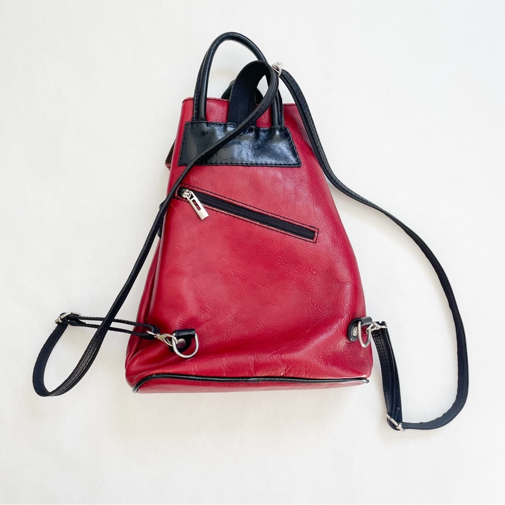 Vera Pelle Genuine Italian Leather Red & Black Convertible Backpack Sling Bag